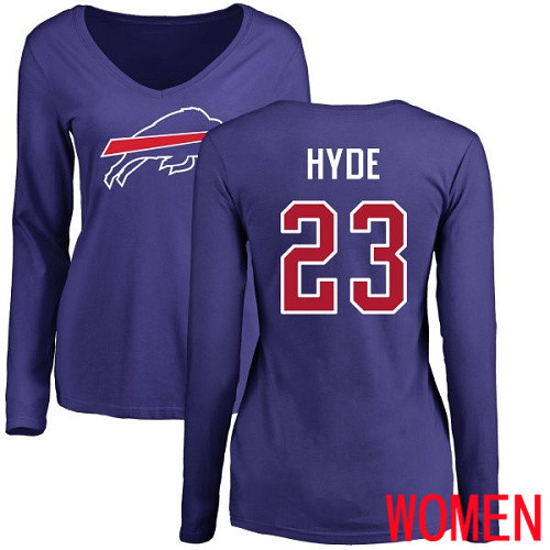 NFL Women Buffalo Bills #23 Micah Hyde Royal Blue Name and Number Logo Long Sleeve T Shirt->women nfl jersey->Women Jersey